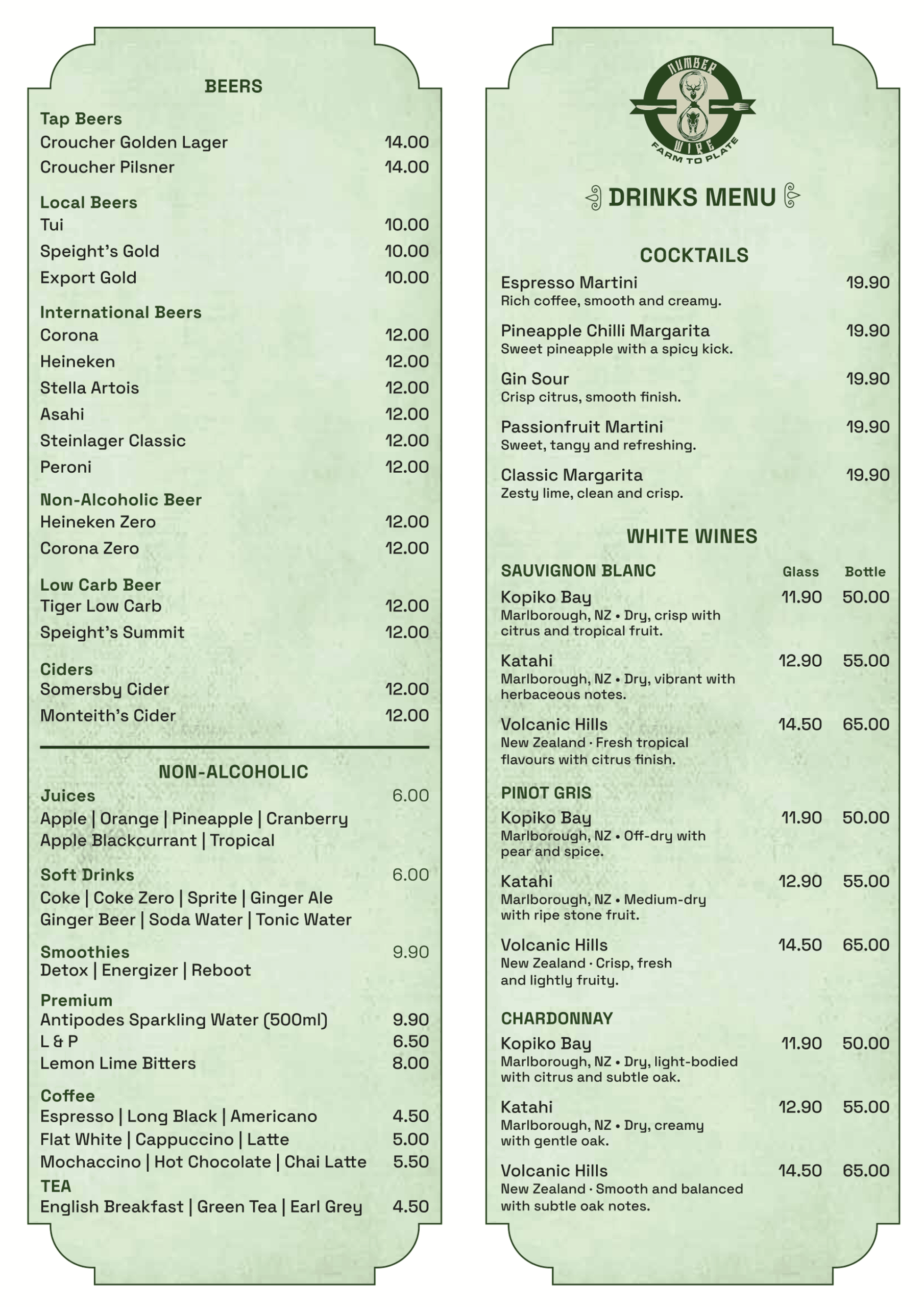 Number 8 Wire Drinks Menu 1